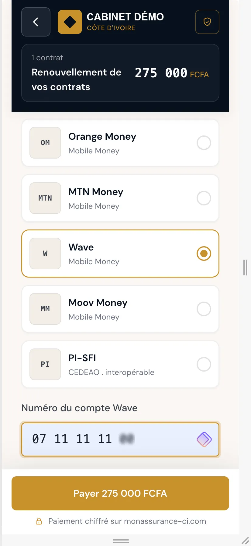 Portail assuré sur mobile : choix du moyen de paiement Mobile Money et saisie du numéro pour régler le renouvellement.